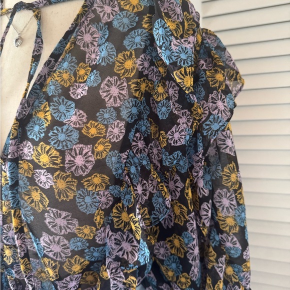 TopShop Purple Blue Ruffled Side Neck Tie Long Sleeve Blouse Top - Picture 3 of 5